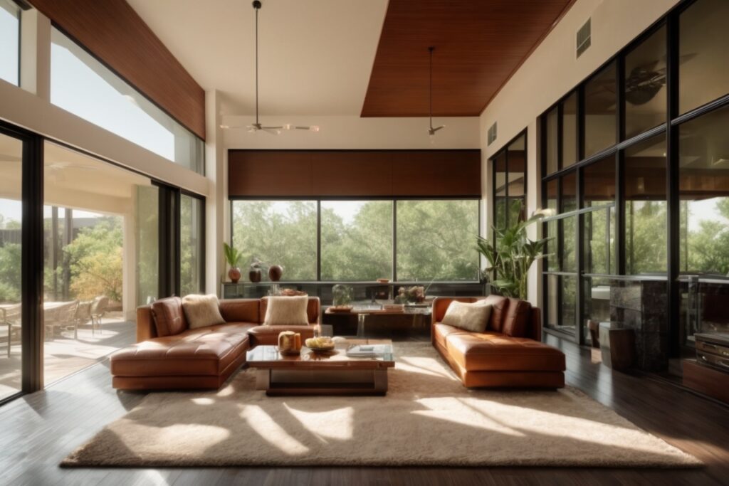 Houston home interior with sunlight filtering through heat reduction window film