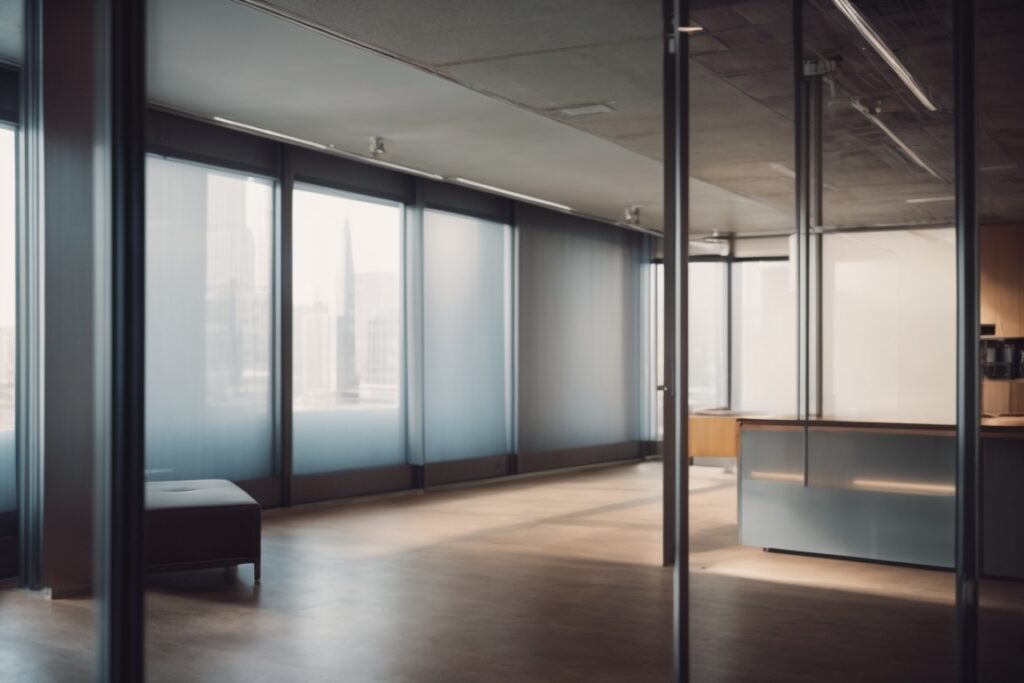 interior office space with frosted opaque windows