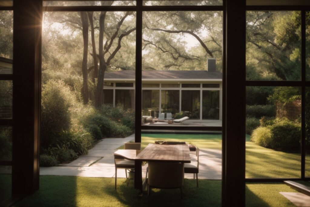Houston home with tinted windows reflecting sunlight, lush backyard