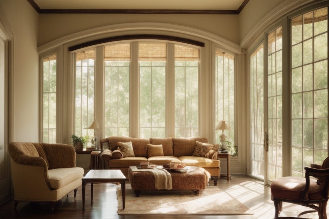 sunny Houston home interior with faded furniture and opaque windows
