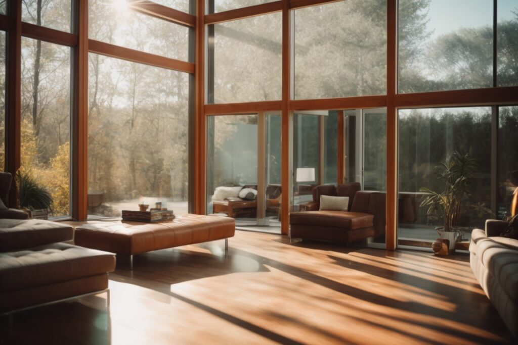 Interior of a modern home with heat control window film on windows, reflecting sunlight