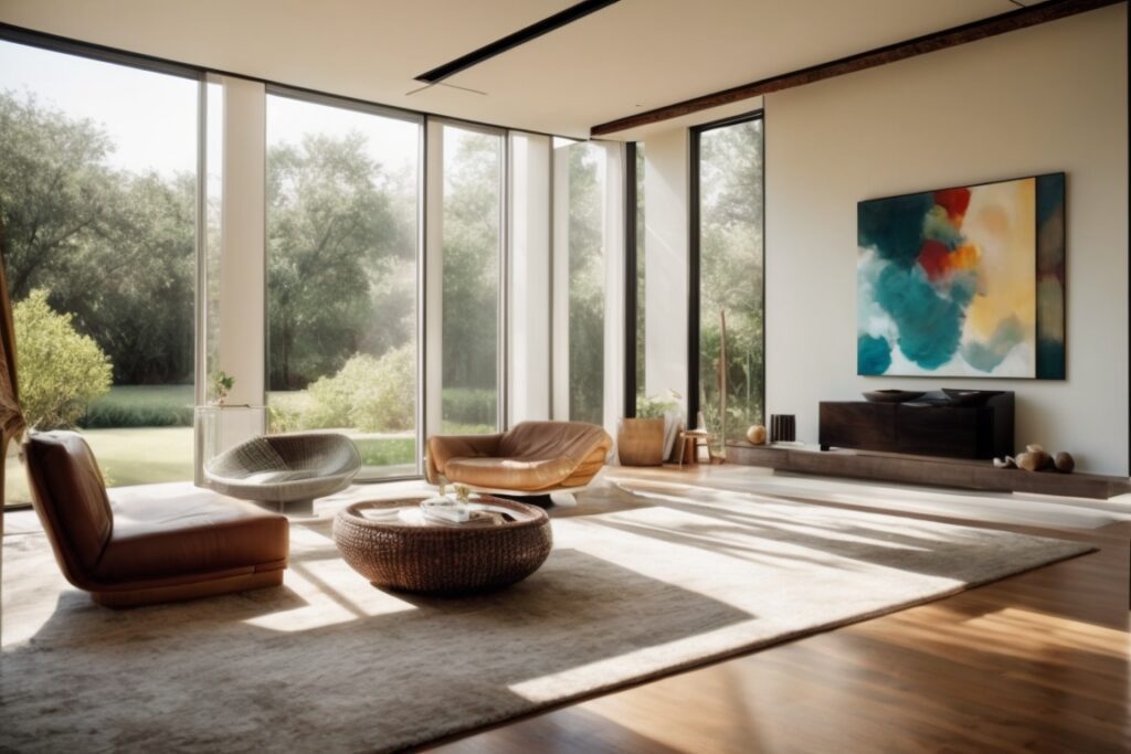 Houston home interior with sunlight filtering through window films, furniture and artwork visible