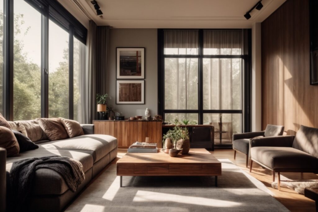 Interior living room with sunlight filtering through glare window film