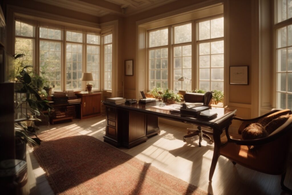 Interior home office with sunlight filtered through tinted windows