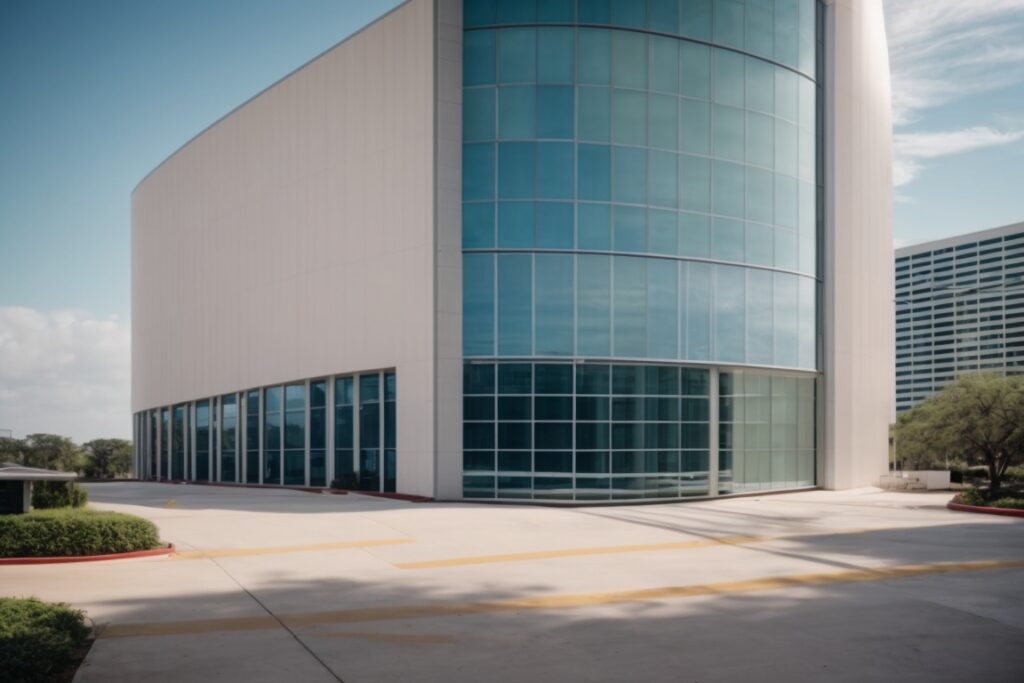 Houston office building with window film installation under Texas sun