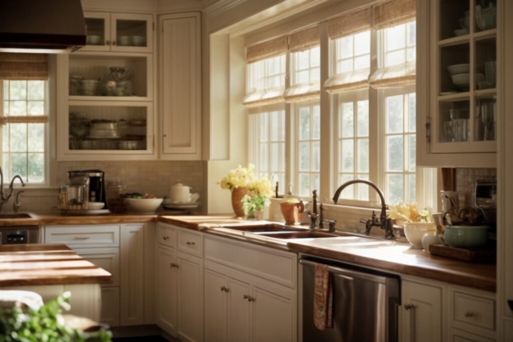 Houston home kitchen with opaque windows and sunlight filtering through