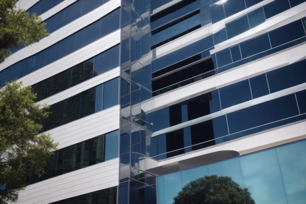 Houston office building with advanced window film on sunny day