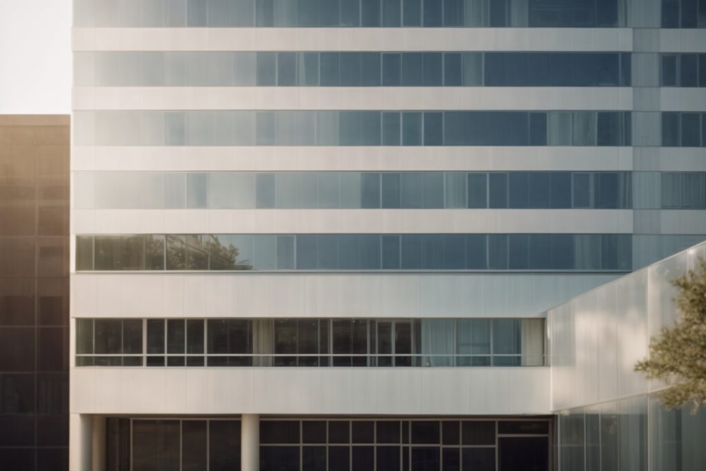 Houston building exterior with decorative window film and sunlight filtering