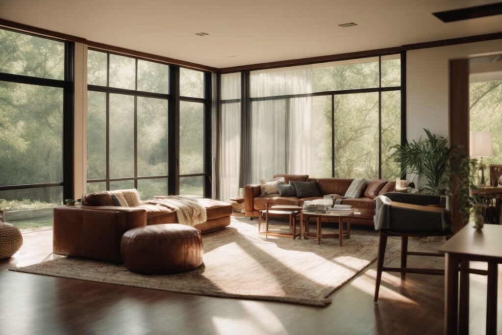 Houston home interior with sunlight filtering through window film, comfortable living space, energy-efficient cooling