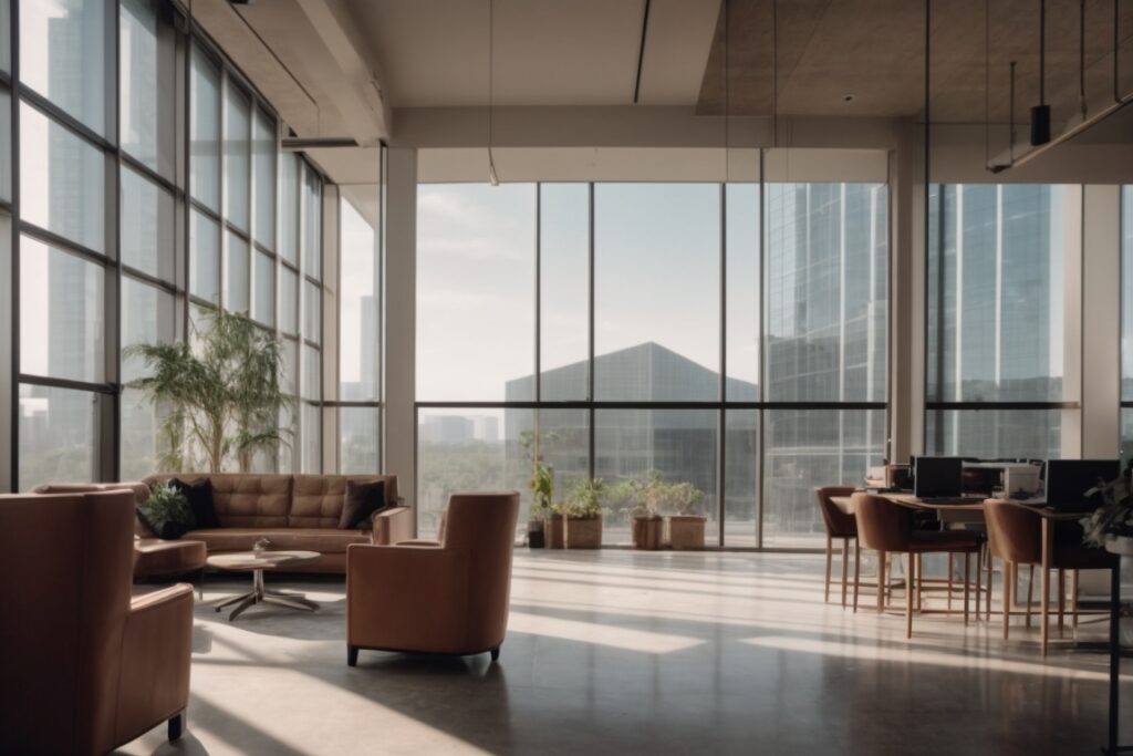 Houston workspace with opaque frosted window film, energy-efficient lighting