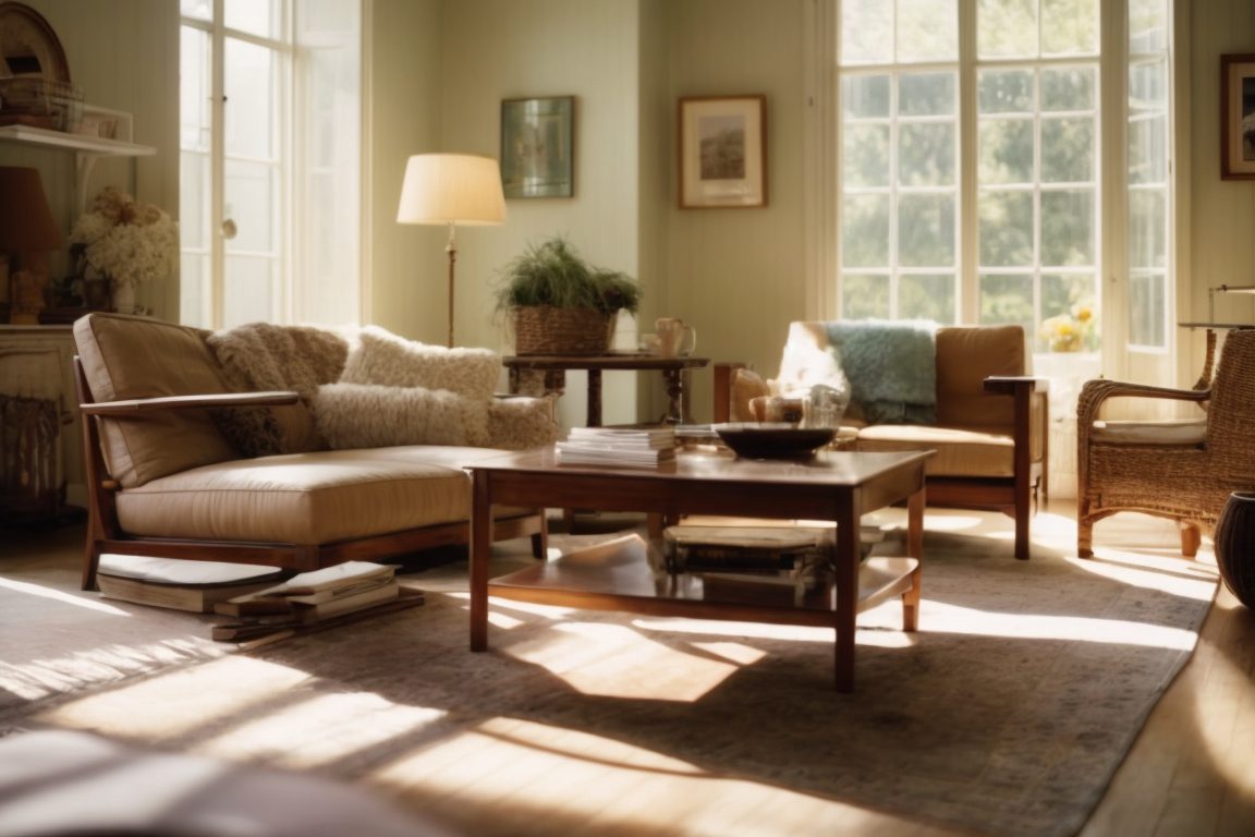interior living room with faded furniture and intense sunlight streaming through windows