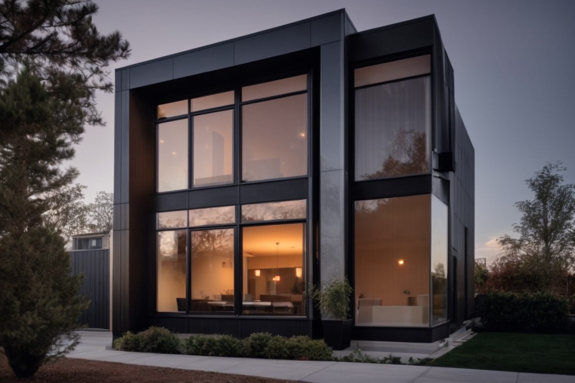 Modern urban home with opaque privacy window film on large windows