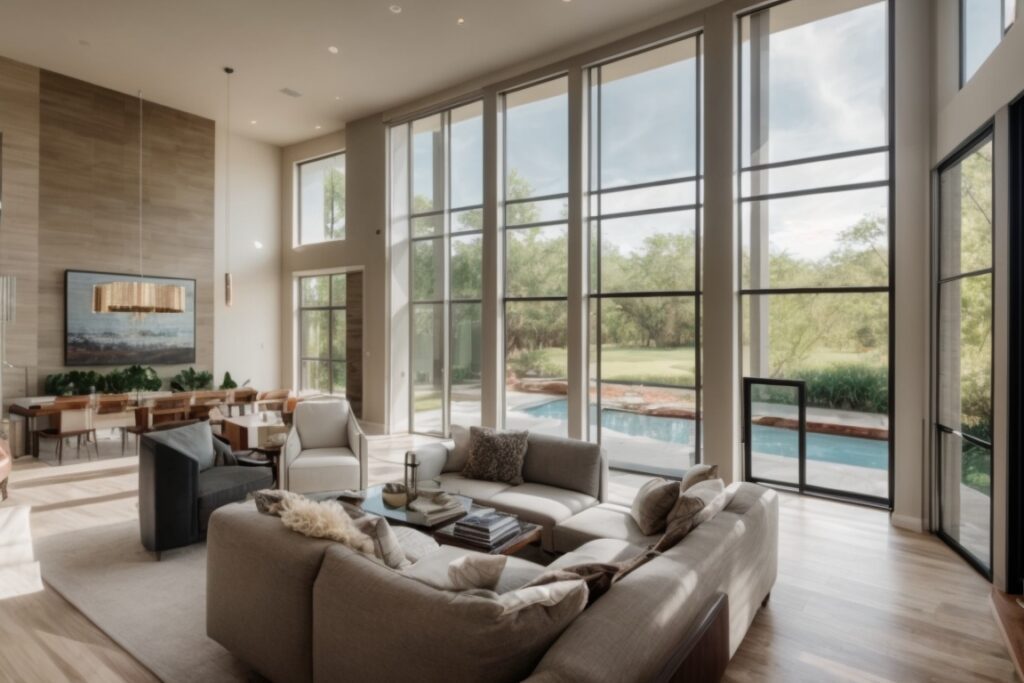 Modern interior of a Houston home with fading window film on large windows