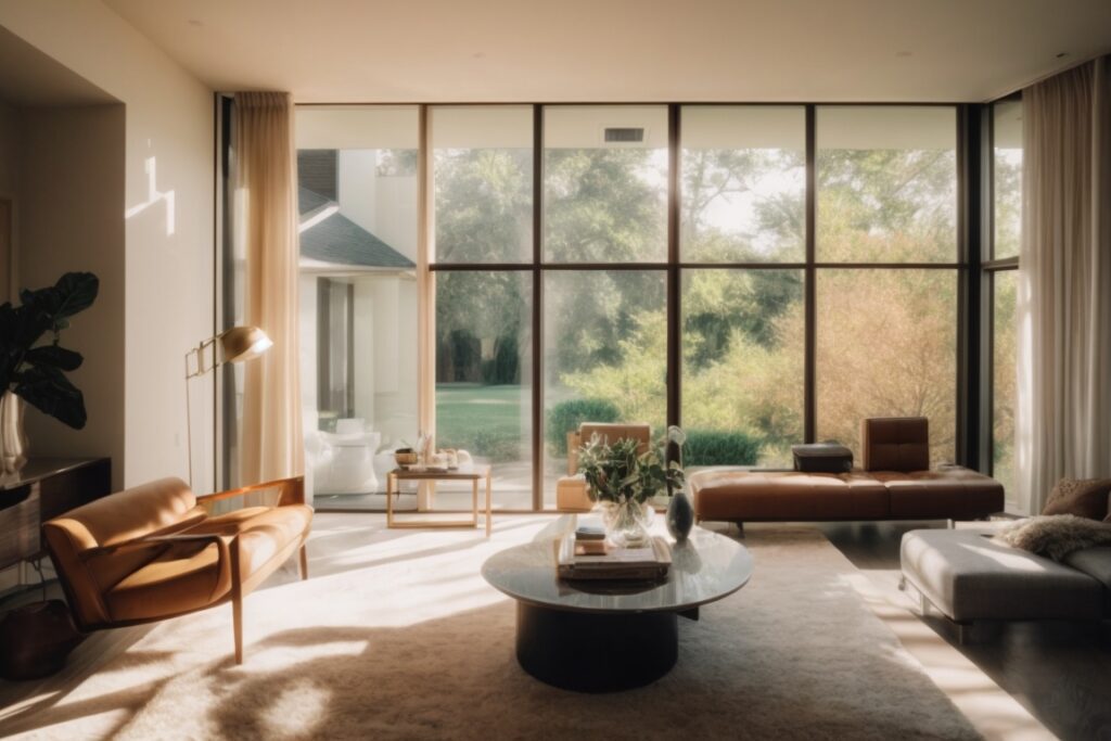 Houston home interior with opaque privacy window films and bright sunlight
