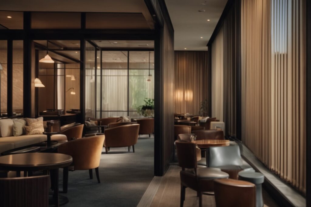 Houston boutique hotel interior with custom window films, soft natural light