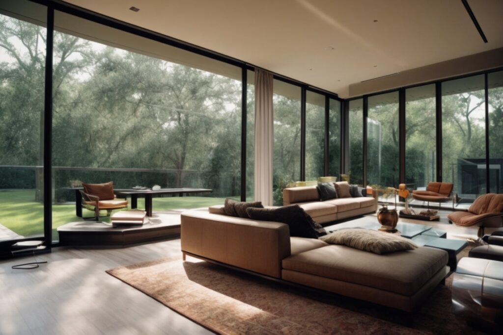 Modern Houston home interior with climate control window film, reduced sunlight and comfortable furnishings