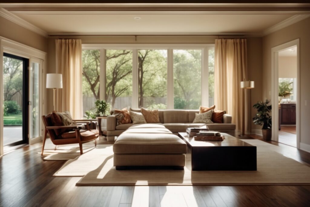 interior of a Houston home with sunlight filtering through window film on hardwood floors