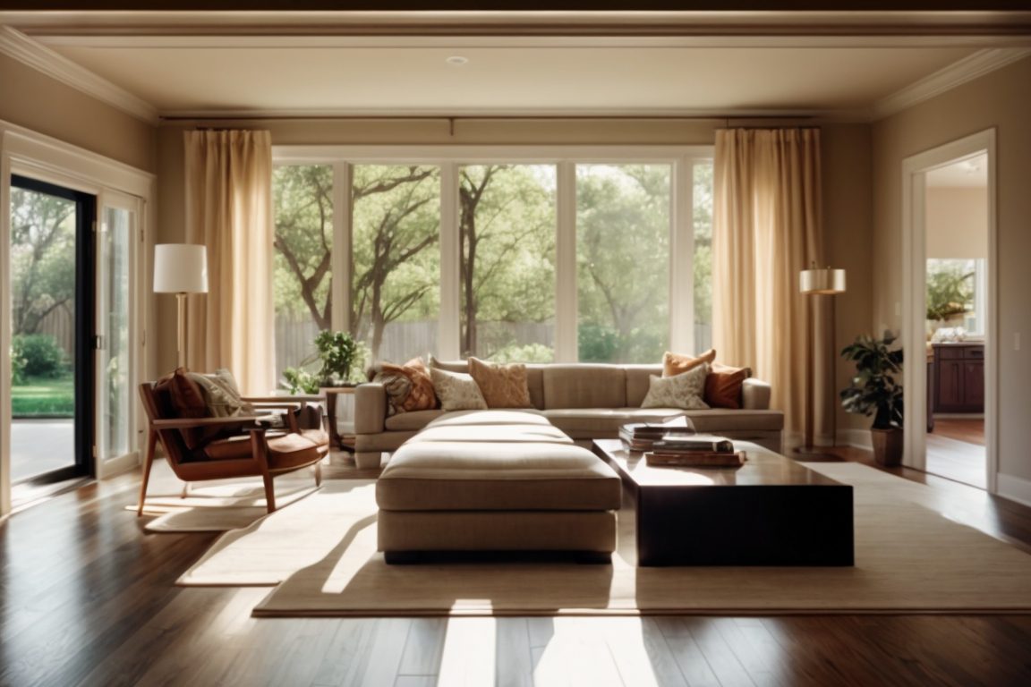 interior of a Houston home with sunlight filtering through window film on hardwood floors