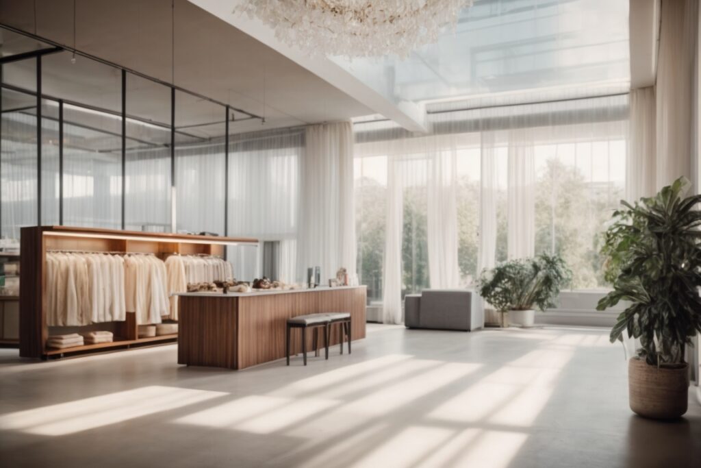 Boutique interior with frosted opaque windows filtering soft light